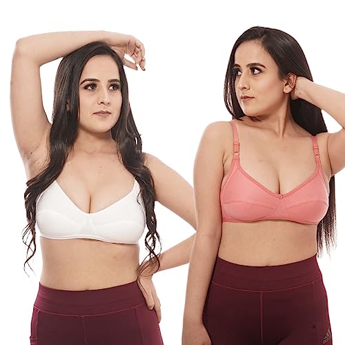 FDreaM Women's Wirefree Non Padded Super Combed Cotton Elastane Stretch Full Coverage Everyday Bra with Adjustable Straps Cotton Coral&White 38C