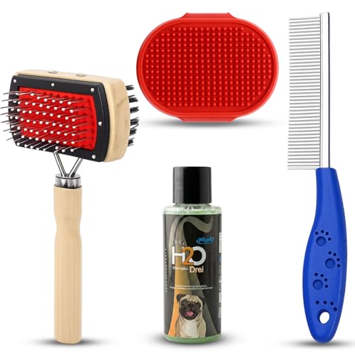 Emily Pets 4-in-1 Pet Grooming Kit for Dogs and Cats | Slicker Brush, Flea Comb, Bath Brush, and Pet Shampoo | Hair Care Set (Color May Vary)