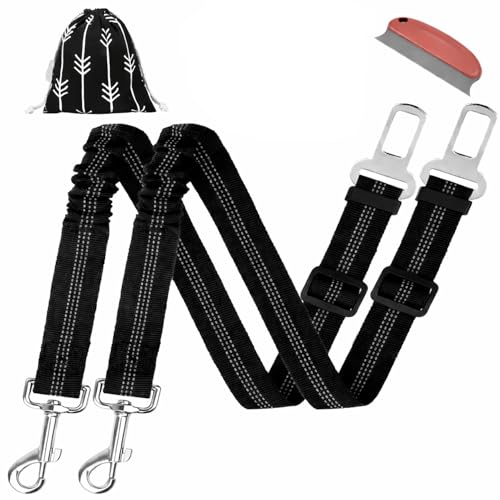 Emily Pets Dog Seat Belt Set of 2 for Cars | Adjustable Elastic Dog Car Harness with Heavy-Duty Seatbelt | Includes Pet Hair Brush & Travel Bag | Universal Fit