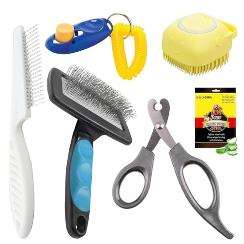 Cature Care by Nature Grooming Combo Kit, Self-Cleaning Brush Shedding Kit with Nail Clipper, Pet Comb, Bath Brush, Wipes Gloves, Pet Training Clicker For Dog and Cats (Pack of 6, Color me vary)