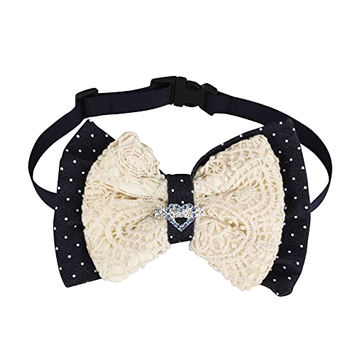 Lulala Dog Bow with Velvet and Macrame Thread Work with Detachable Brooch Pet Preppy Neckwear Elegant Bow Tie Collar,Dog Formal Wedding Birthday Party Dress-up Cosplay(L,Cream-Navy Blue)