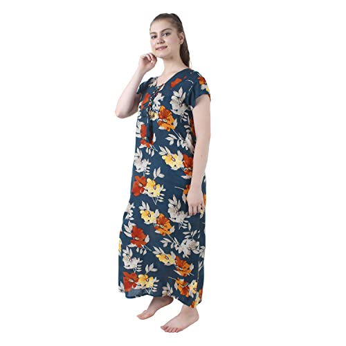 F Dream Women's Cotton Nightgown Sleepwear Short Sleeves Shirt Casual Flower Print Sleepdress (Blue, S)