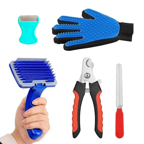 Cature Care by Nature Dog Grooming Kit Combo -Dog Nail Clippers with Filer Dog Manual Kit Dog Plastic Slicker Brush with flea Comb Pet Grooming Glove for Dog Puppy Multicolor (Pack Of 4)