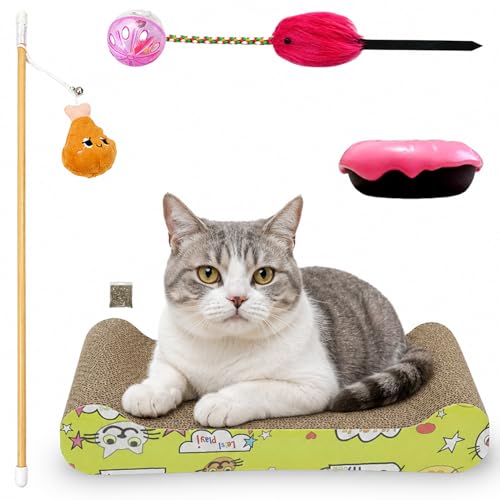 SRI Pet 4-in-1 Cat Scratcher Bed Combo, Including a Wand Toy, Ball Track, Plush Toy, and Catnip, Corrugated Cardboard Scratch Pad for Indoor Cats and Kittens (Color May Vary)