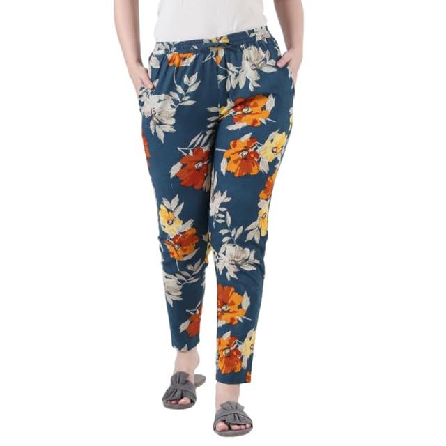F Dream Women Floral Printed Pajama Super-Soft Short & Long Sleeve Pants (Blue, XL)