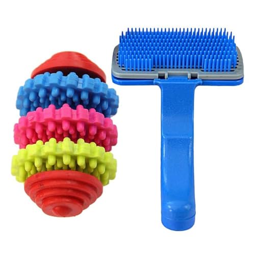 emily pets Slicker Brush with Press Key Dog and Cat Self Cleaning. Comes Chew Toy, Dogs Puppy Colorful Rubber Dental Teething Healthy Teeth Gums Offer for Dog and Cat (Color May Vary, Pack 2)