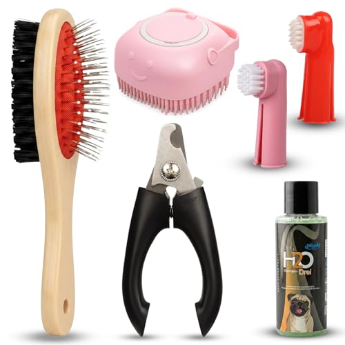 Emily Pets 5-in-1 Pet Grooming Kit for Dogs & Cats | Double-Sided Brush, Nail Clipper, Finger Toothbrush & Bath Massage Brush