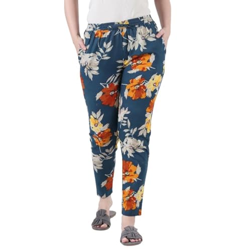 F Dream Women Floral Printed Pajama Super-Soft Short & Long Sleeve Pants (Blue, M)