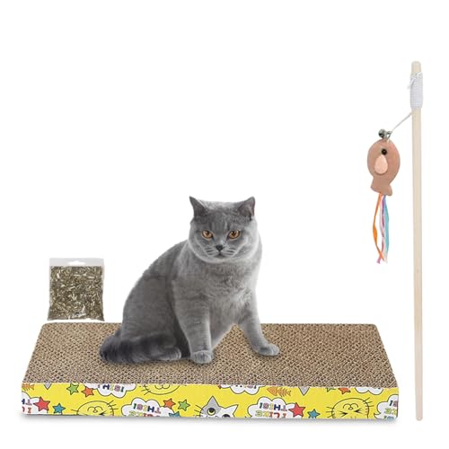 Cature Care by Nature 2-in-1 Cat Scratcher Board with Cat Stick Combo Toy, Interactive Cat Scratch Pad and Play Wand for Exercise, Claw Care, and Indoor Fun. (Pack 2, Color May Vary)