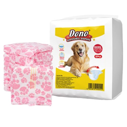 Emily Pets Disposable Diapers for Female Dogs, Size XXXL (44–70cm) Waist Soft Cotton-Like Pet Diapers, with Adjustable Tail Hole, Leakproof, Breathable, Reusable Velcro – 8 Pieces