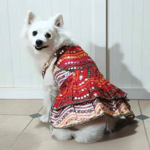 Lulala Traditional Dog Dress – Red Multicolor Ethnic Outfit with Embroidery, Adjustable for Small, Medium and Large Dogs