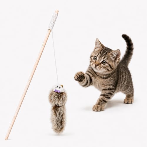 emily pets Cat Teaser Wand – Interactive Plush Dangling Toy with Wooden Stick for Kittens & Cats, Encourages Play & Exercise (Color May Vary)