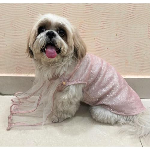Lulala Ethnic Dog Dress for Small & Medium Breeds – Pink Festive Pet Outfit with Net Dupatta – Traditional Indian Style Dog Clothing