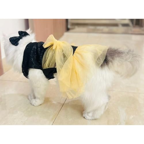 Lulala Dog Dress for Girls Dogs and Cats - Black Glitter Party Gown with Tulle Skirt, Bow and Headband | Fancy Pet Dress for Weddings, Birthdays, Photoshoots and Special Occasions
