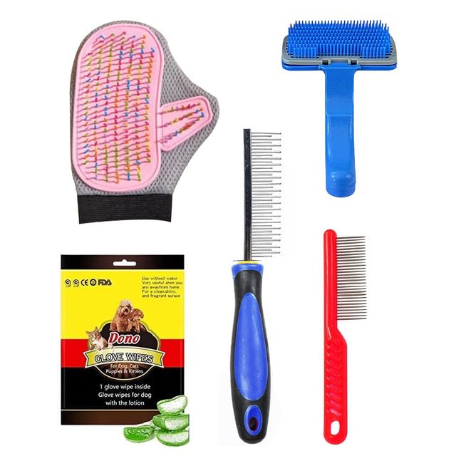 cature Care by Nature Grooming Combo of 5 Pet Wipes Gloves and Pet Bath Grooming Gloves, Pet Comb Pet Slicker Brush for Puppy Cat and Kitten (Multi Color, Pack 5)