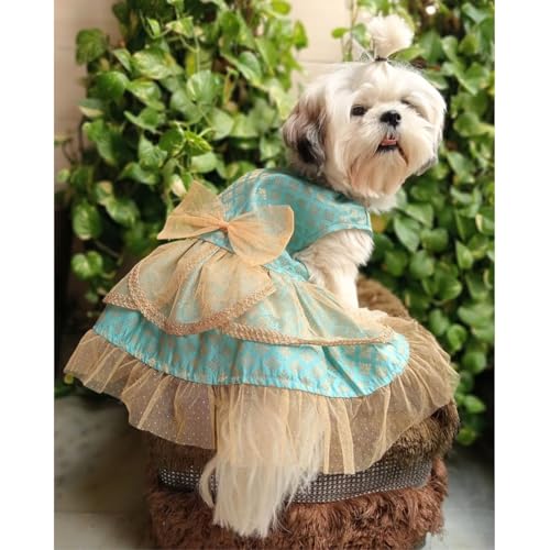 Lulala Traditional Dog Dress for Small, Medium & Large Dogs – Blue & Golden Ethnic Outfit with Bow | Festive Pet Costume for Weddings & Parties