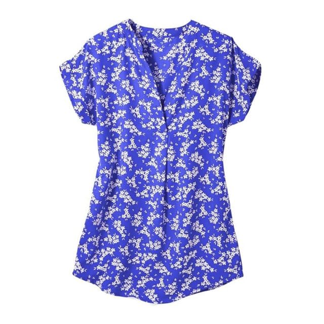 F Dream Women's Short Sleeve Casual Top Summer Floral Print Mandarin Collar Loose Fit Tee Blouse Tops (Blue, 50 Inch)