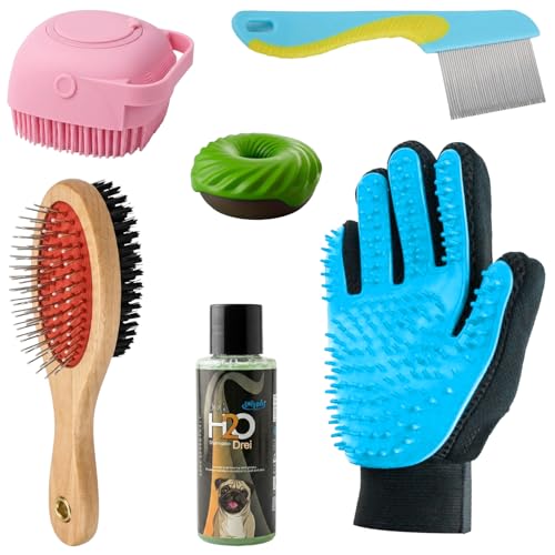 Emily Pets 6-in-1 Pet Grooming Kit for Dogs & Cats | Deshedding Brush, Flea Comb, Bath Brush, Massage Tool & Glove | Hair Removal & Cleaning Set