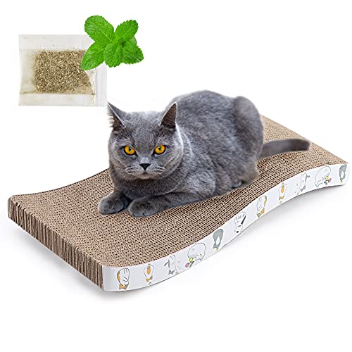 EMUST Cat Scratching Pad, Durable Curved Cat Cardboard Scratcher with Catnip, Double-Sided Cat Scratch, Lounge with Bottom, S-Waved