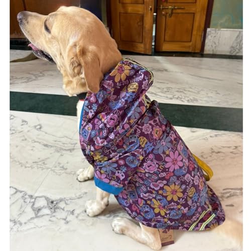 Lulala Dog Raincoat, Waterproof Hooded Jacket, Floral Pattern, Reflective Stripes, Pet Rain Jacket, Small to Large Dogs (Purple-24 Inch)