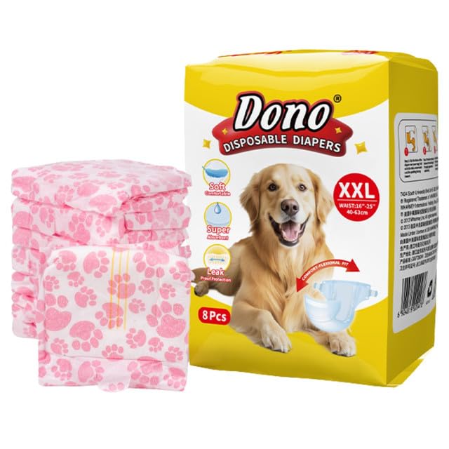 Emily Pets Disposable Diapers for Female Dogs, Size XXL (40–63cm) Waist Soft Cotton-Like Pet Diapers, with Adjustable Tail Hole, Leakproof, Breathable, Reusable Velcro – 8 Pieces