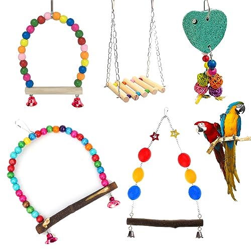 WildbirdCare Natural Wood Bead Chain Swing Toy, Chew Toys with Hanging Cage Toys for Small Parakeets, Cockatiels, Conures, Finches, Budgie, Parrots (Pack 5)
