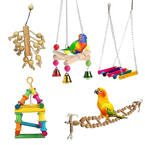 WildBird Care Natural Wood Bead Chain Swing Toy, Chew Toys with Hanging Cage Toys for Small Parakeets, Cockatiels, Conures, Finches, Budgie, Parrots, Love Birds (Pack 5)