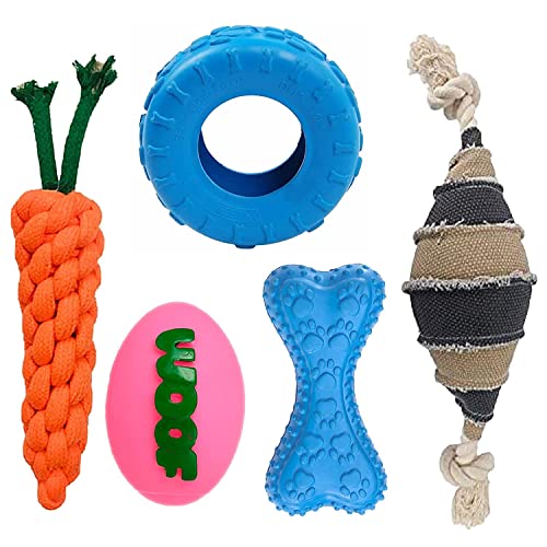 SRIPET Combo of 5 Durable Rope Toys (Carrot Rope Toy,Rubber Chew Toy,Rubber Toy,Squeaky Ball Toys Playing and Teeth Cleaning)