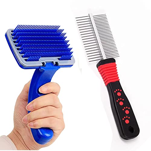 Emily Pets Dog Grooming Kit -Dog Plastic Slicker Brush with Press Key for Puppies and Dogs and Pet Double Side Comb for Dog, Puppy, Cat, Hamster, Rabbit(Pack 2, Multi Color)