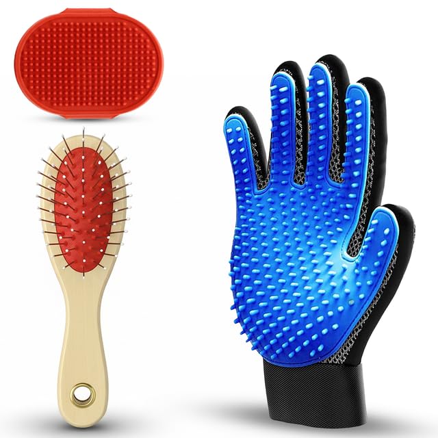 Emily Pets 3-in-1 Pet Grooming Kit for Dogs and Cats | Slicker Brush, Bath Massage Brush, and Grooming Glove | Pet Hair Removal and Shedding Control