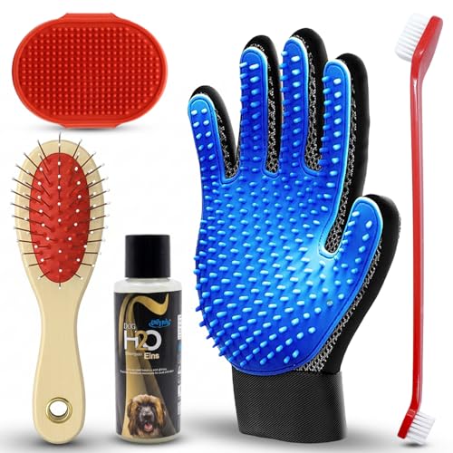 Emily Pets 5-in-1 Pet Grooming Kit for Dogs & Cats – Shampoo, Bath Brush, Grooming Glove, Pin Brush & Cleaning Tool for Shedding Control