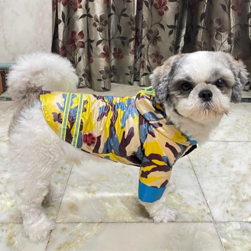 Lulala Dog Raincoat, Waterproof Hooded Jacket, Camouflage Pattern, Reflective Stripes, Pet Rain Jacket, Small to Large Dogs (Yellow-14 Inch)