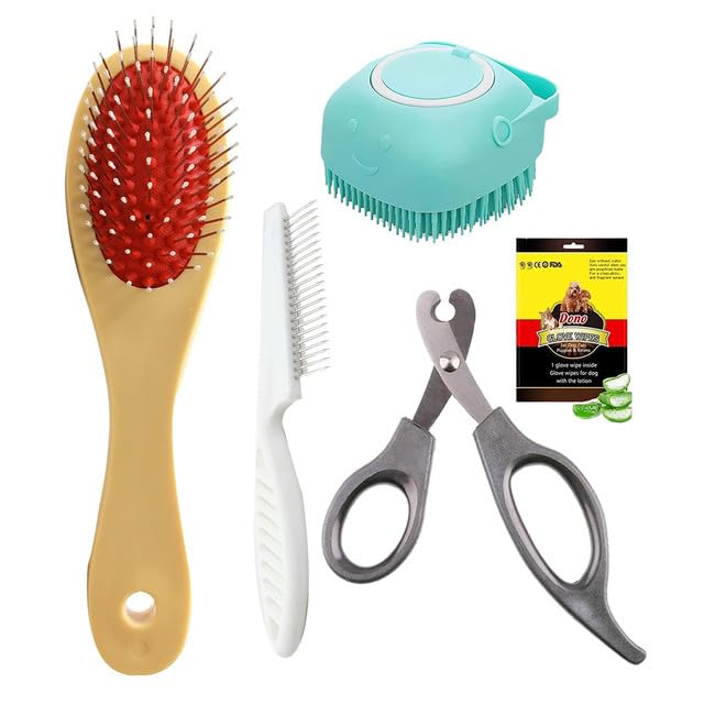 Cature Care by Nature Grooming Combo Kit Dog Brush and Nail Clipper, Bath Brush, Dog Comb, pet Wipes for Dogs and Cats (Pack of 5, Color may vary)