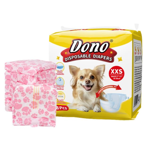 Emily Pets Disposable Diapers for Female Dogs, Size XXS (18–30cm) Waist Soft Cotton-Like Pet Diapers with Adjustable Tail Hole, Leakproof, Breathable, Reusable Velcro – 8 Pieces