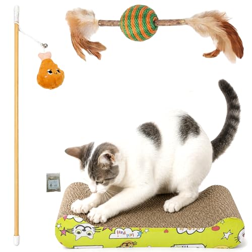 SRI Pet Cat Scratcher Board Combo Toy Pack of 3 | Corrugated Cardboard Scratch Pad with Teaser Wand, Feather Stick, and Catnip | Interactive Toys for Indoor Cats (Color May Vary)