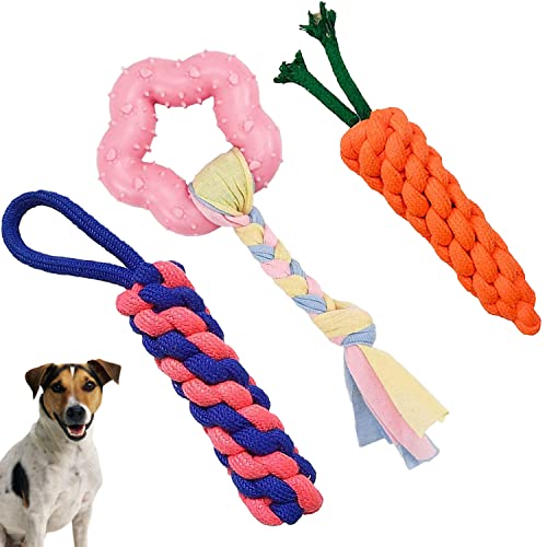 emily pets Durable Cotton Rope Chew Toy 3 in 1 Combo Rope Toy | Cotton Made 9" Inch Carrot | Rubber Ring Toy for Small Dogs Medium Dogs & Puppies (Multi Color, Pack 3)
