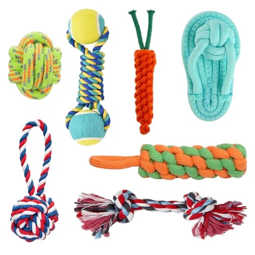 SRI Pet Dog Rope Toys Combo Set, Pack of 7, Cotton Chew Toys with Tennis Ball, Knot and Tug Toys for Puppies and Small to Medium Dogs