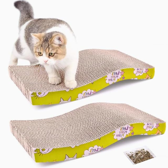 Cature Care by Nature Cat Scratching Pad with Catnip, 2 Pack Corrugated Cat Scratcher Cardboard for Indoor Cats, Wave Shaped Reversible Board Kitten Lounge for Durable Texture Design (Pack2)