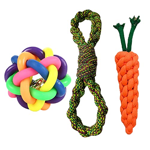 emily pets Dog Chew Toy 3 in 1 Combo - Rainbow Color Ball | Cotton Made 9" Inch Carrot | Rope Toy for Small Dogs Medium Dogs & Puppies (Multi Color, Pack 3)