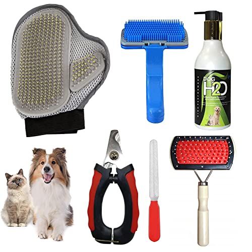 Cature Care by Nature Dog Grooming Kit Green Apple Flavor Shampoo and Grooming Hand Glove Dog Slicker Brush Double Sided Brush and Dog Nail Cutter with Filer for Dog and Cat (Pack of 5, Multicolor)