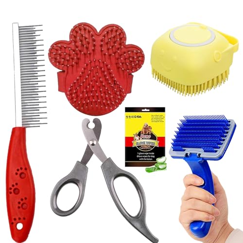 Emily Pets 6pcs Pet Grooming Kit, Self-Cleaning Brush Shedding Kit with Nail Clipper, Pet Comb, Shampoo Bath Brush, Wipes Gloves for Dog and Cats (Pack of 6, Color me Vary)