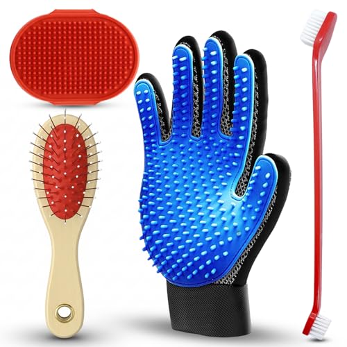 Emily Pets 4-in-1 Pet Grooming Kit for Dogs and Cats - Bathing Brush, Grooming Glove, Wooden Pin Brush and Cleaning Tool for Shedding Prevention and Daily Grooming.