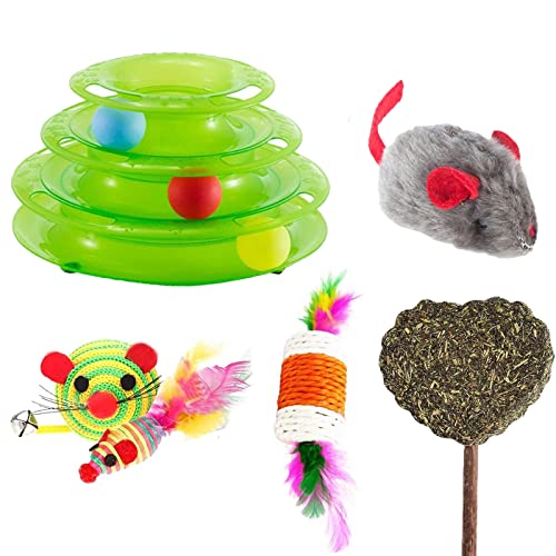 Emily Pets Cat Combo toy 3 Levels Pet Cat Toy Funny Tower Tracks Toys Training Cat Ball Toys for Cats with Catnip Candy, Feather Mouse Cat toy Cat Stick,Plush Mouse Rope toy (Pack of 5,Color May Vary)