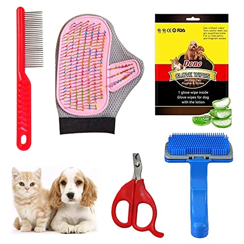 Emily Pets Grooming Combo Of 5 Pet Wipes Gloves And Pet Bath Grooming Gloves,Pet Comb Pet Slicker Brush And Nail Clippers for Puppy Cat and Kitten (Multi Color, Pack 5)