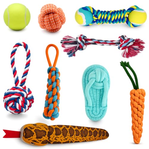 emily pets Dog Rope Toys Set of 9 for Small & Medium Dogs | Interactive Chew Toys, Tug Rope, Tennis Ball, Carrot & Dumbbell for Teeth Cleaning
