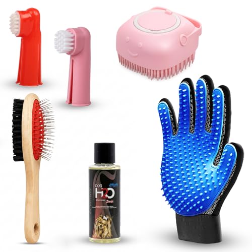 Emily Pets 5-in-1 Pet Grooming Kit for Dogs & Cats | Bath Brush, Grooming Glove, Pin Brush, Finger Toothbrush & Pet Shampoo | Hair Removal & Cleaning Set