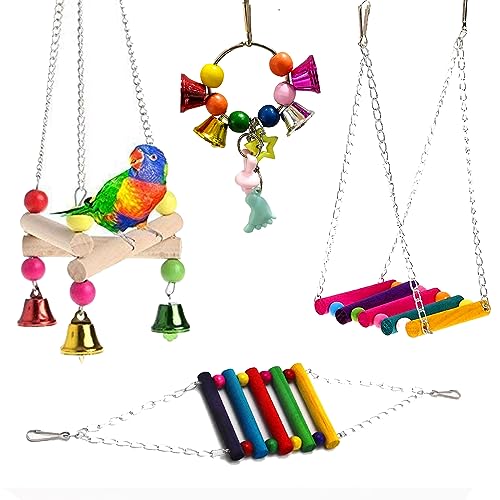 WildBird Care Natural Wood Bead Chain Swing Toy, Chew Toys with Hanging Cage Toys for Small Parakeets, Cockatiels, Conures, Finches, Budgie, Parrots, Love Birds (Pack 4)