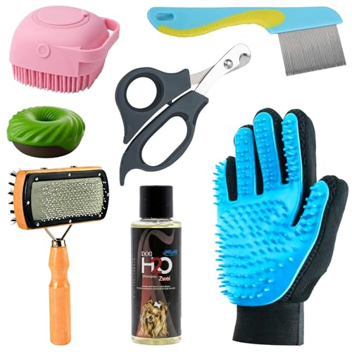 Emily Pets 7-in-1 Grooming Kit for Dogs and Cats | Anti-Shell Brush, Flea Comb, Nail Scissors, Bath Brush, Massage Glove and Pet Shampoo | Complete Pet Care Set