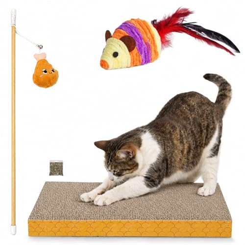 SRI Pet Scratching Board Combo for Cats, with Toy Wand and Feathered Mouse | Corrugated Cardboard Scratcher Pad | Anti-Slip Base for Cats (Color May Vary)