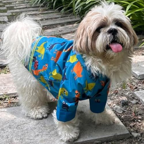 Lulala Dog Raincoat, Waterproof Hooded Jacket, Dinosaur Print, Reflective Stripes, Pet Rain Jacket, Small to Large Dogs (Blue-24 Inch)